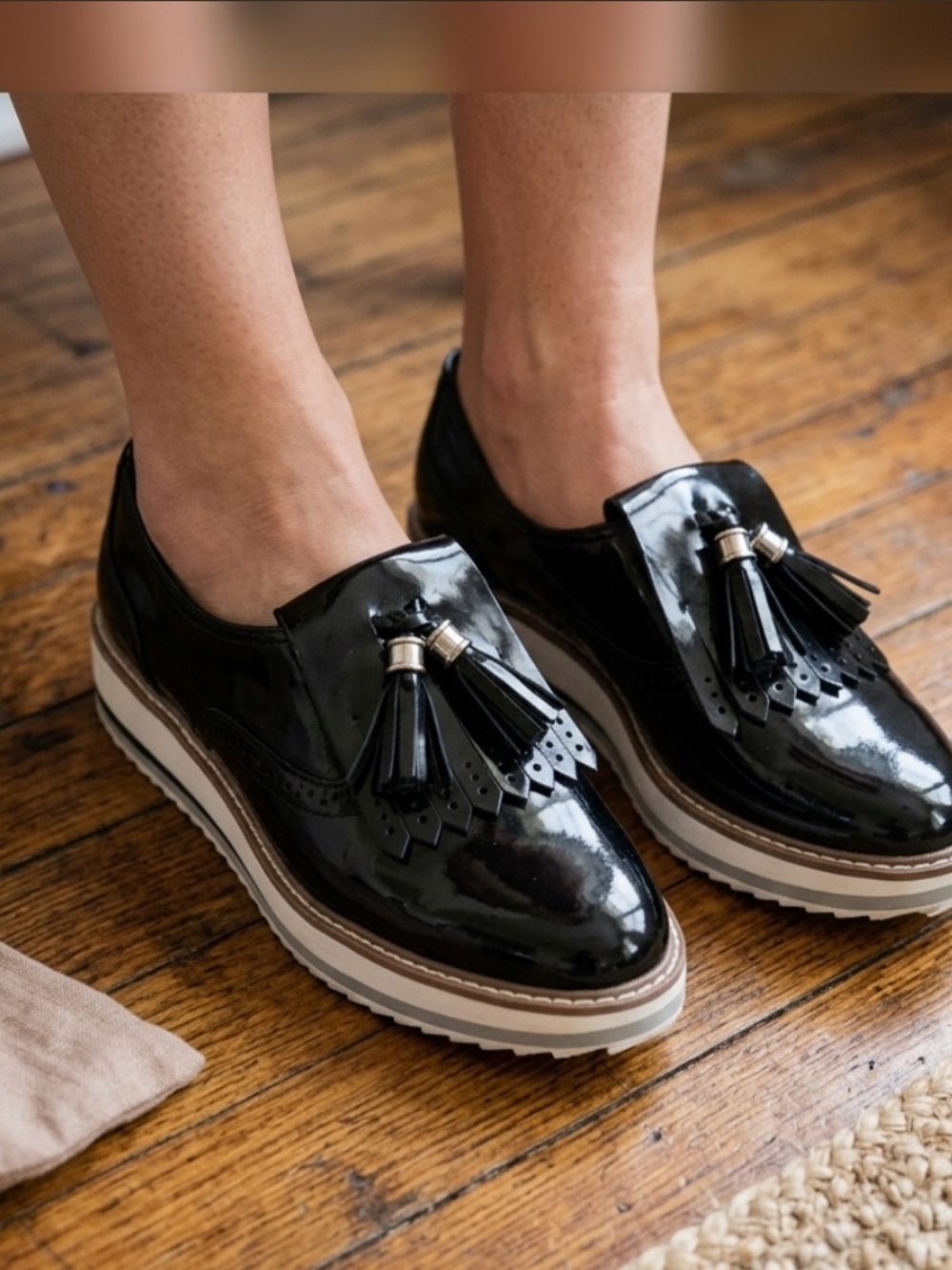 Zara Platform Tassel Loafers - Black Patent Oxford Creeper Style